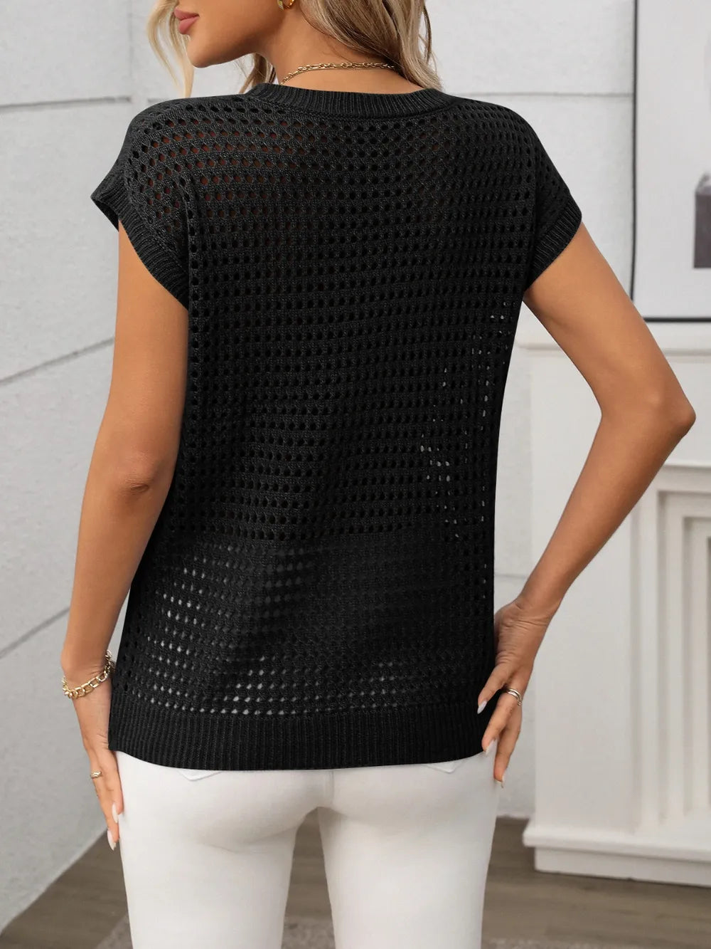 Openwork Round Neck Short Sleeve Knit Cover Up - cas7m