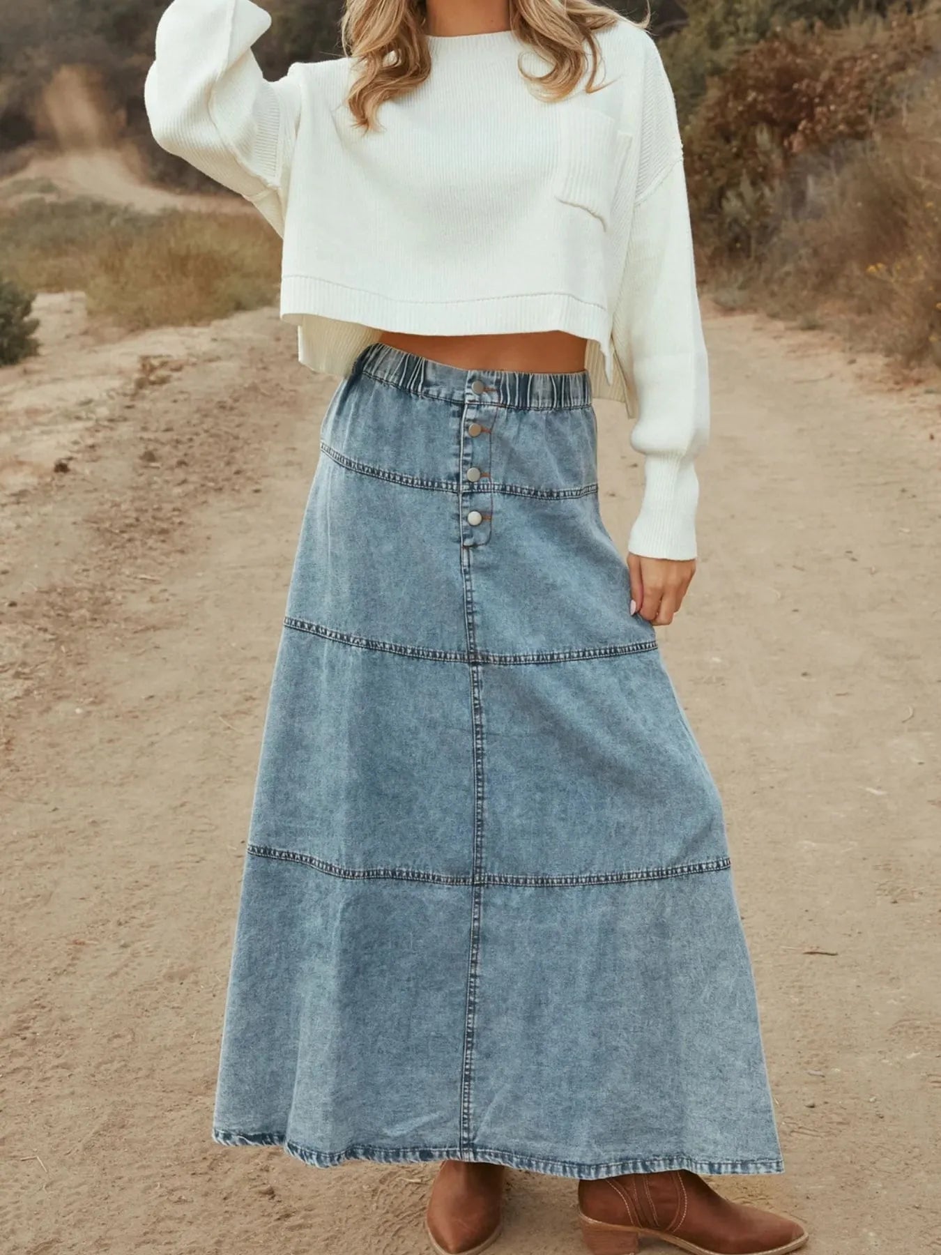 Button-Front Tiered Maxi Denim Skirt - cas7m