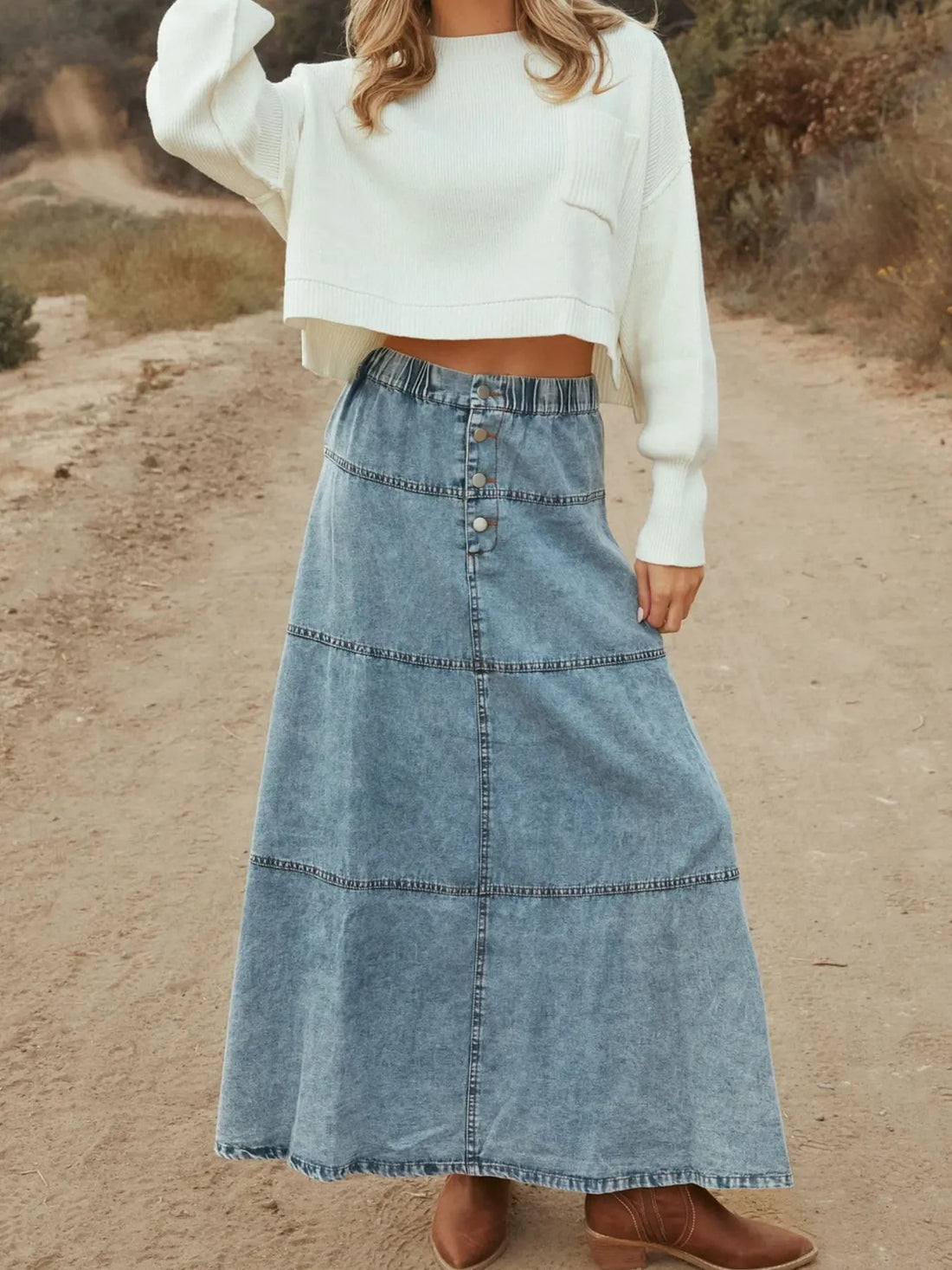Button-Front Tiered Maxi Denim Skirt - cas7m