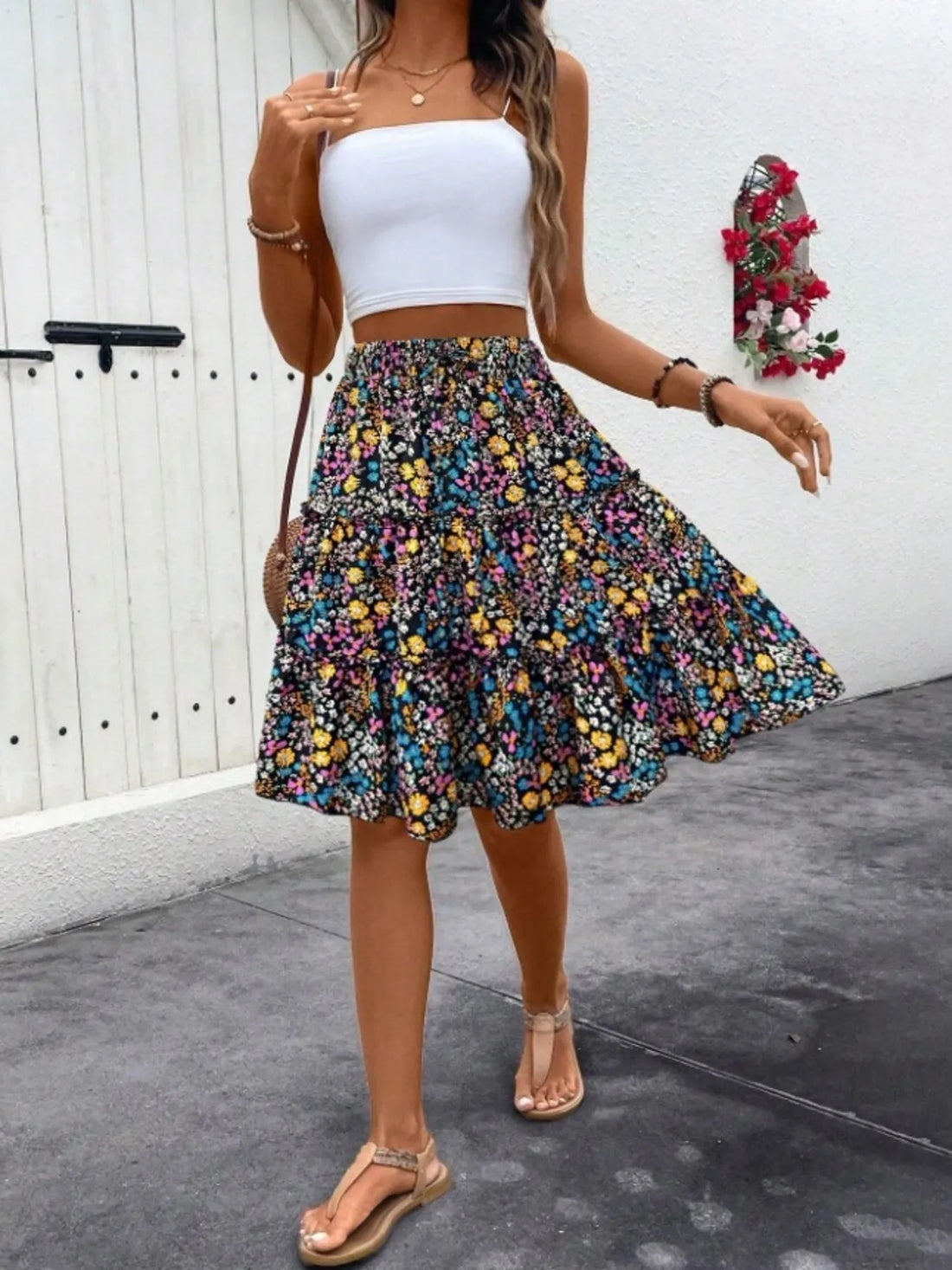 Floral Print Midi Skirt - cas7m
