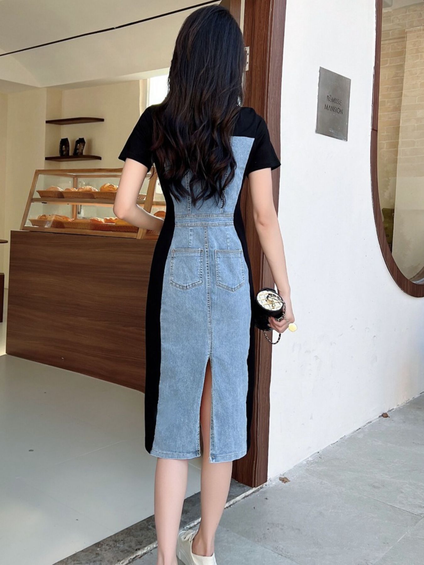 Full Size Denim Patchwork Short Sleeve Slit Back Dress Plus Size - cas7m