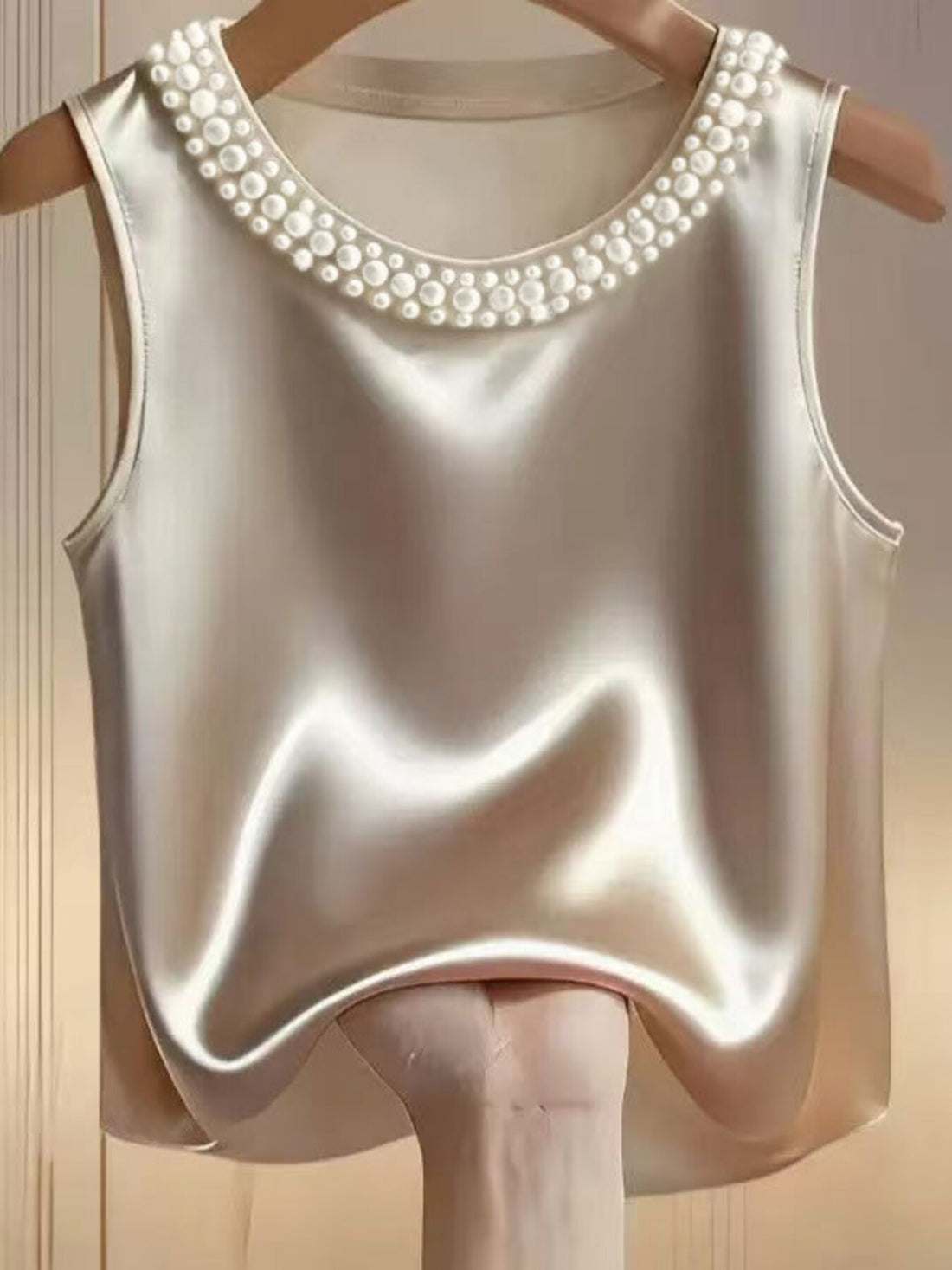 Pearl Embellished Satin Tank Top - cas7m