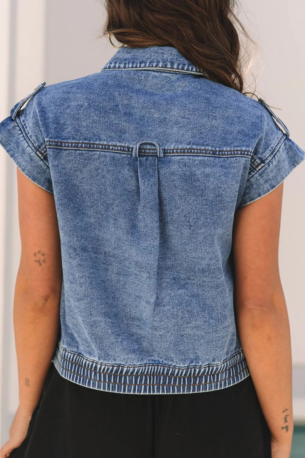 Button Up Cap Sleeve Denim Jacket - cas7m