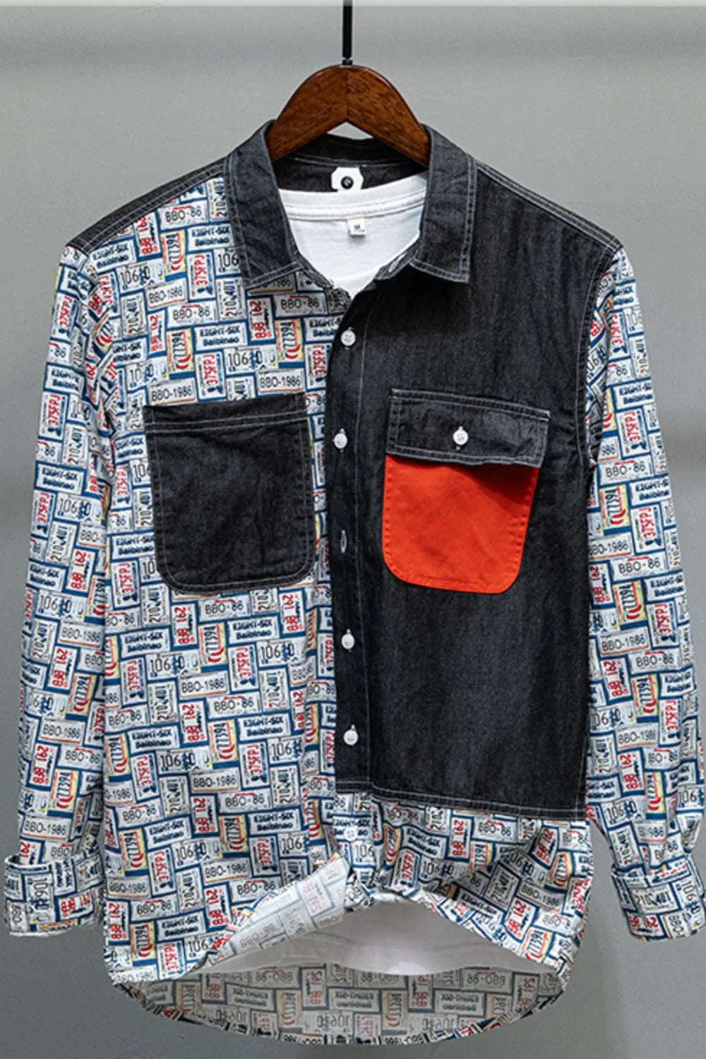 Men's Plus Size Denim Patchwork Long Sleeve Shirt - cas7m