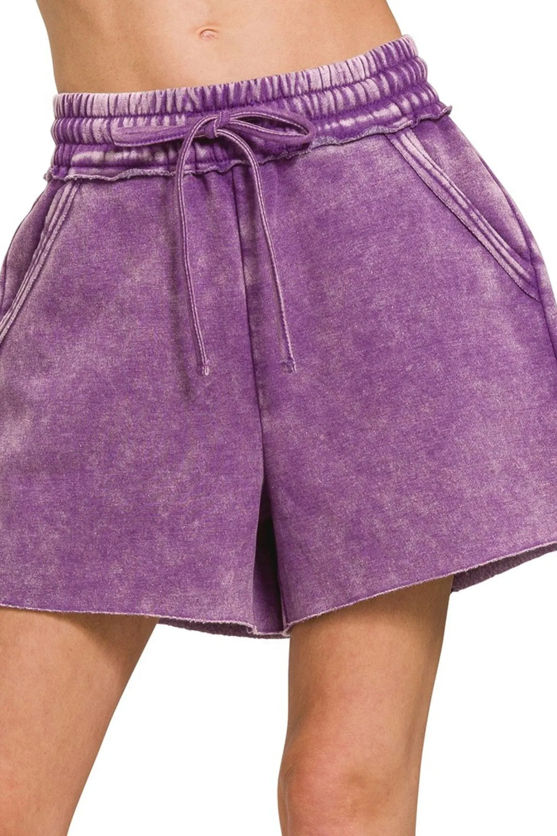 Zenana Acid Wash Fleece Drawstring Shorts With Pockets - cas7m