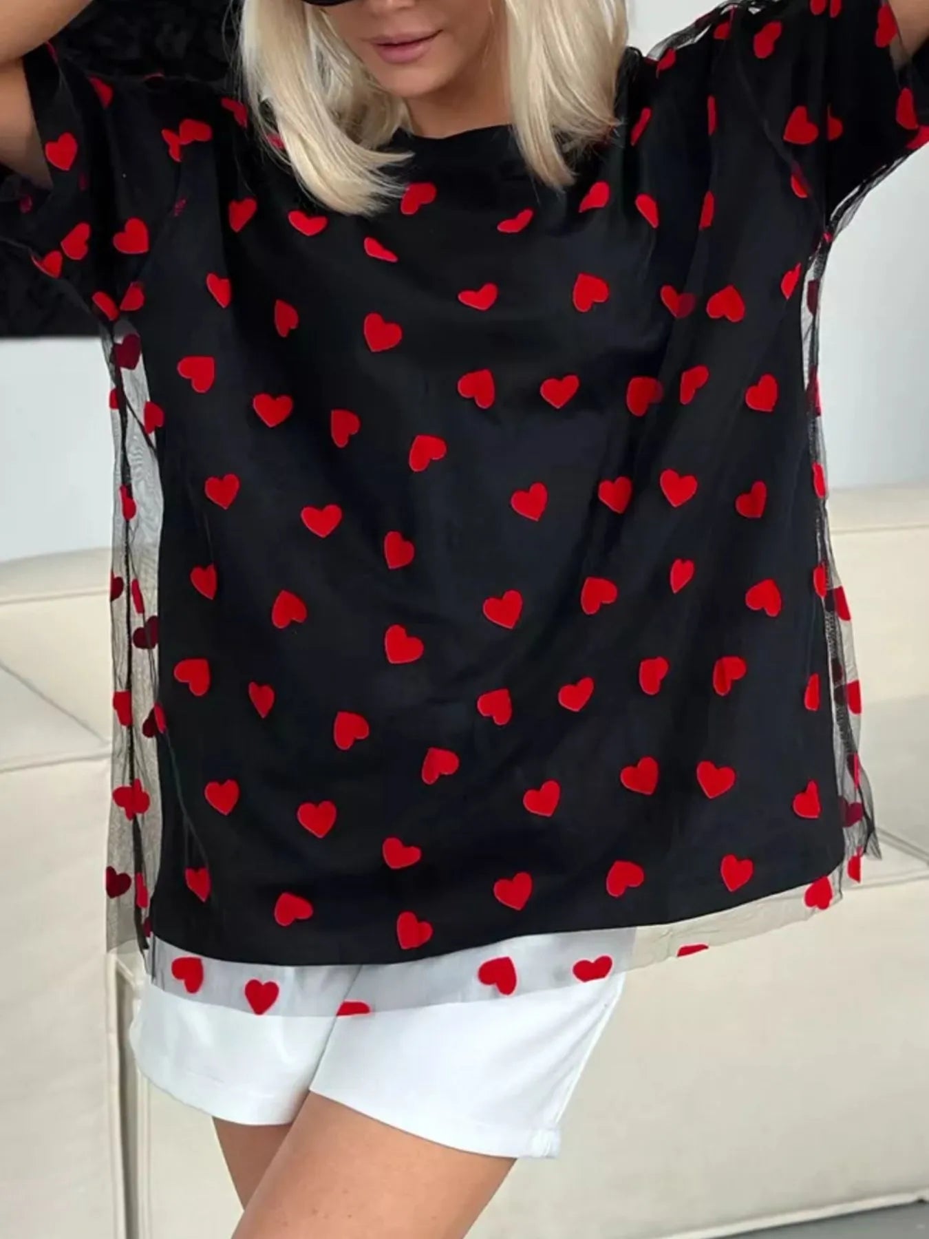 Heart Print Oversized T-Shirt - cas7m