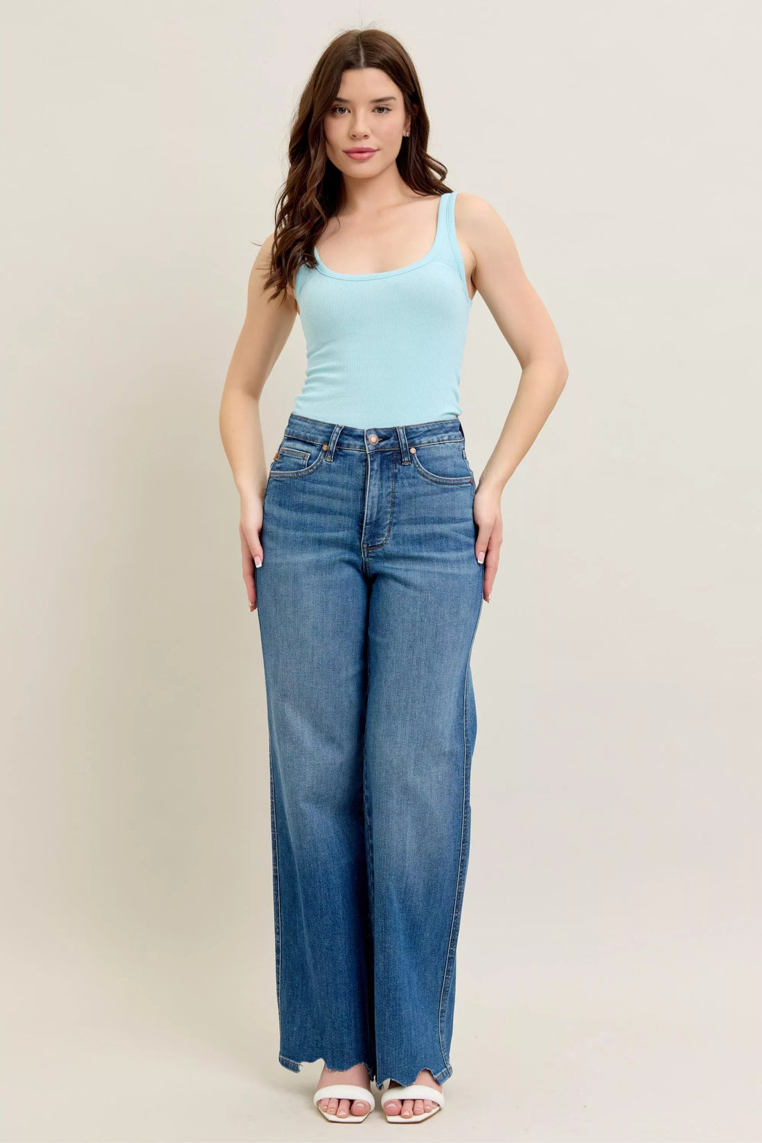 Judy Blue Full Size High Waist Tummy Control Chew Hem Destroy Wide Jeans Plus Size - cas7m