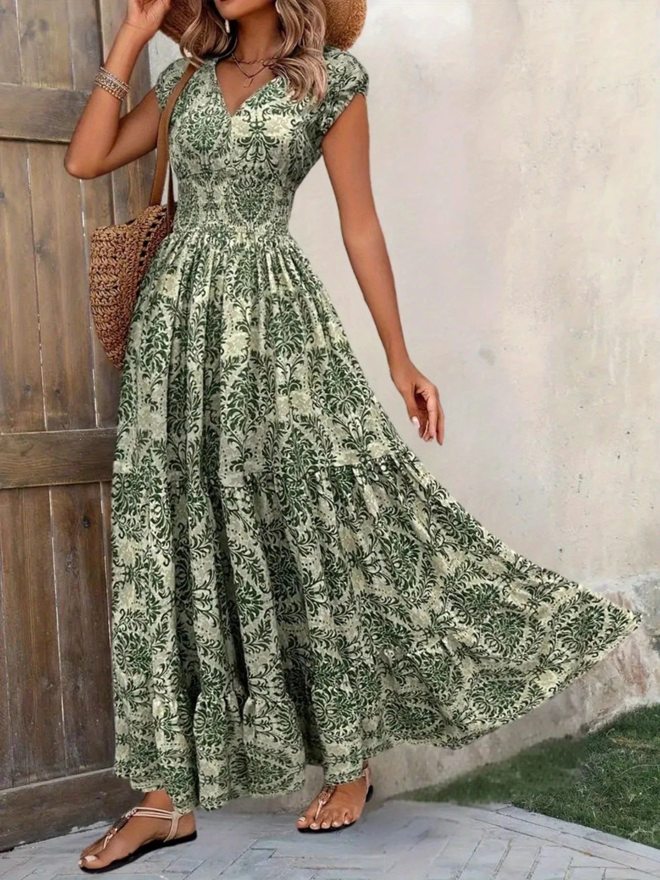 Smocked Tiered Maxi Dress - Chic Polyester Statement - cas7m