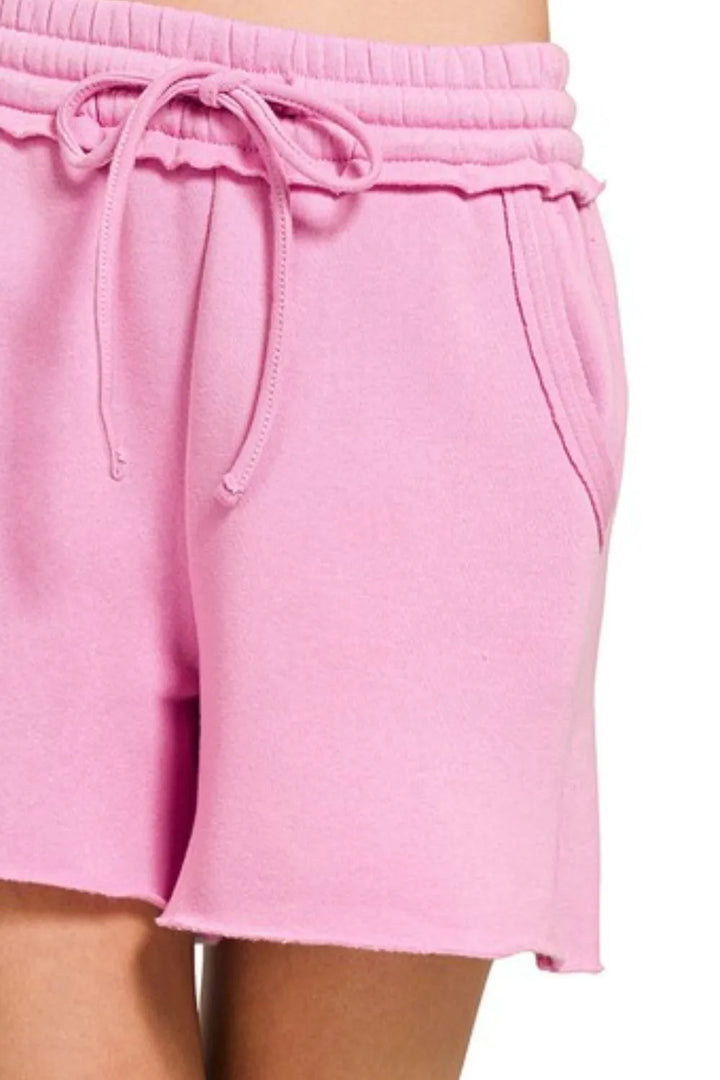Zenana Fleece Raw Hem Shorts With Draw String - cas7m