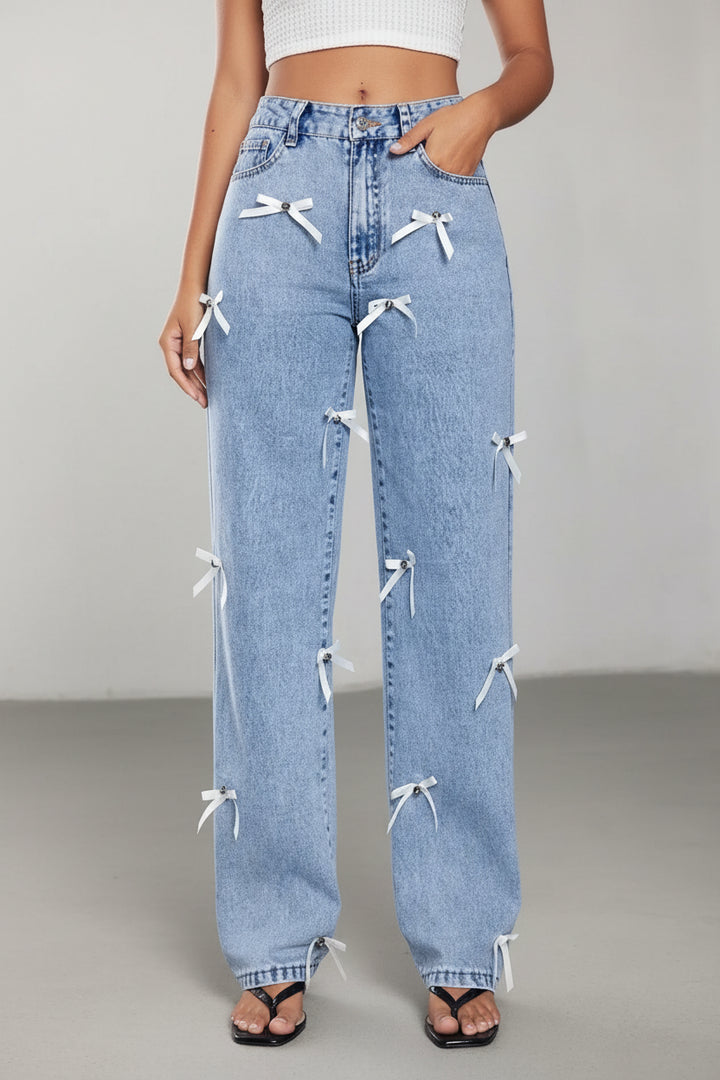 Bow Decor High Waist Wide Leg Jeans - cas7m