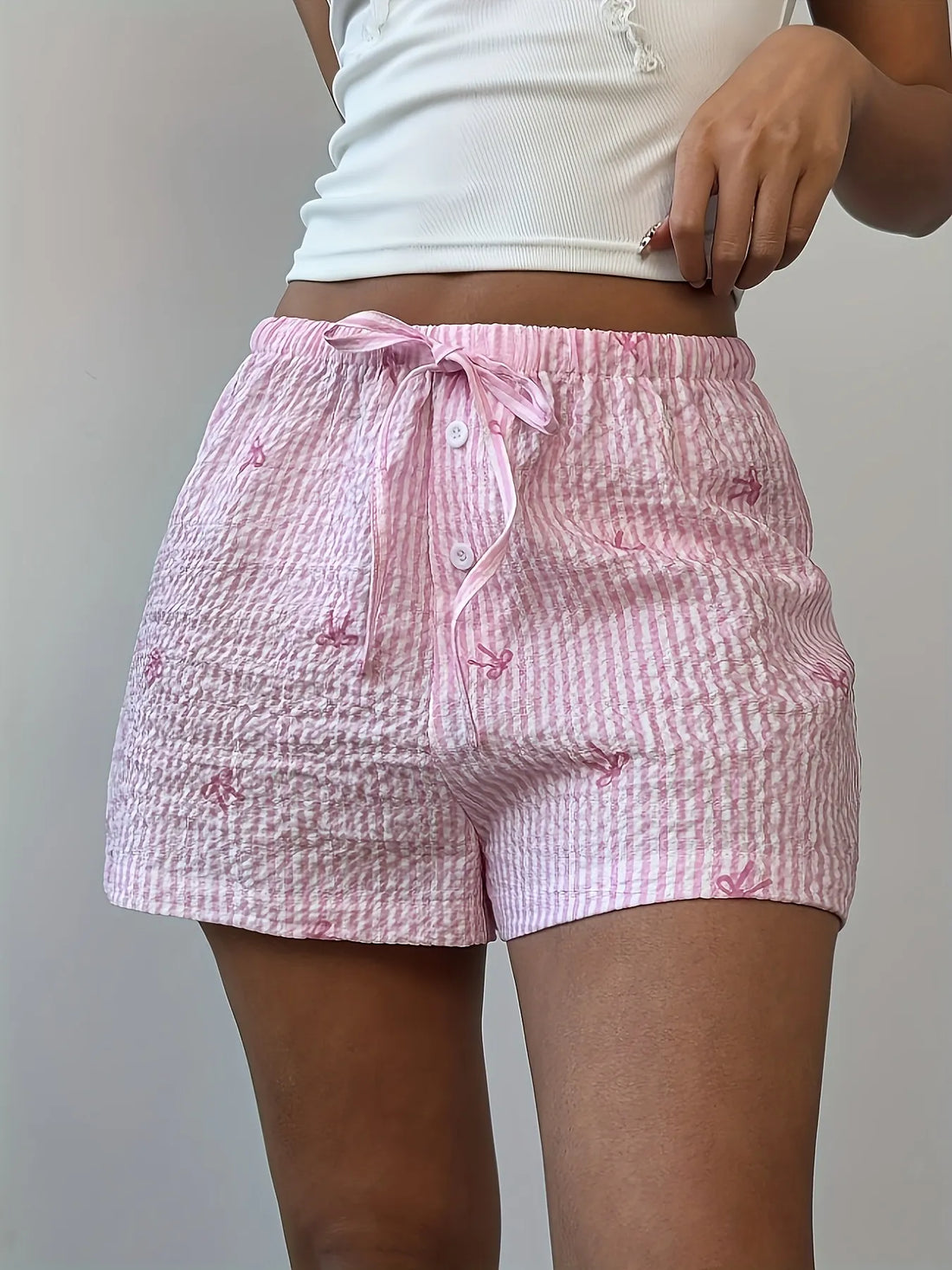 Bow Striped Drawstring Casual Shorts - cas7m