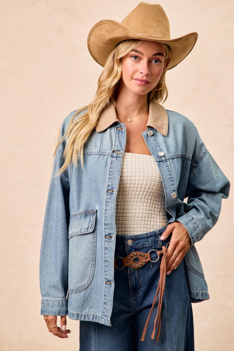BiBi Washed Denim Jacket with Contrast Collar Detail - cas7m