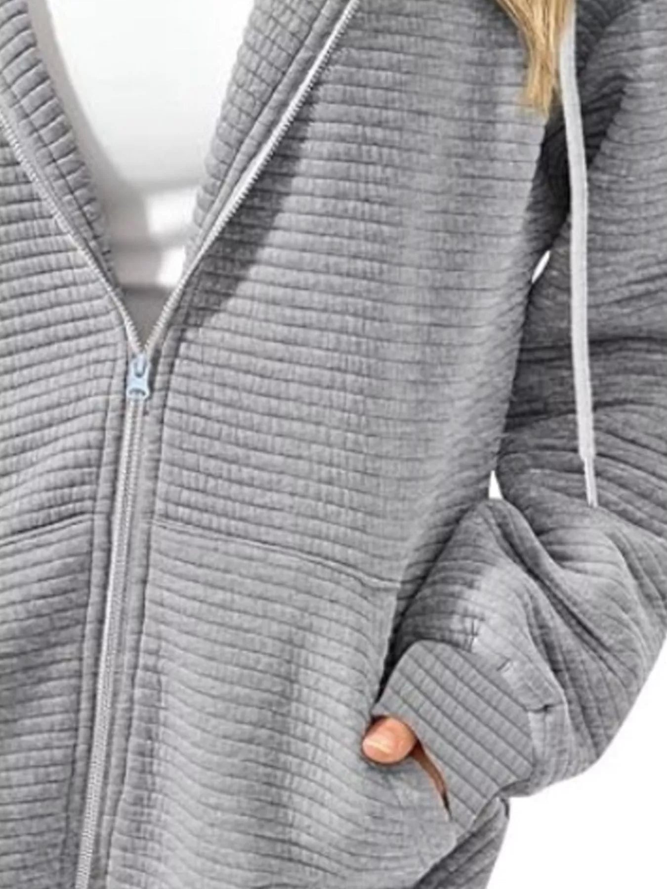 Drawstring Zip Up Dropped Shoulder Hoodie - cas7m