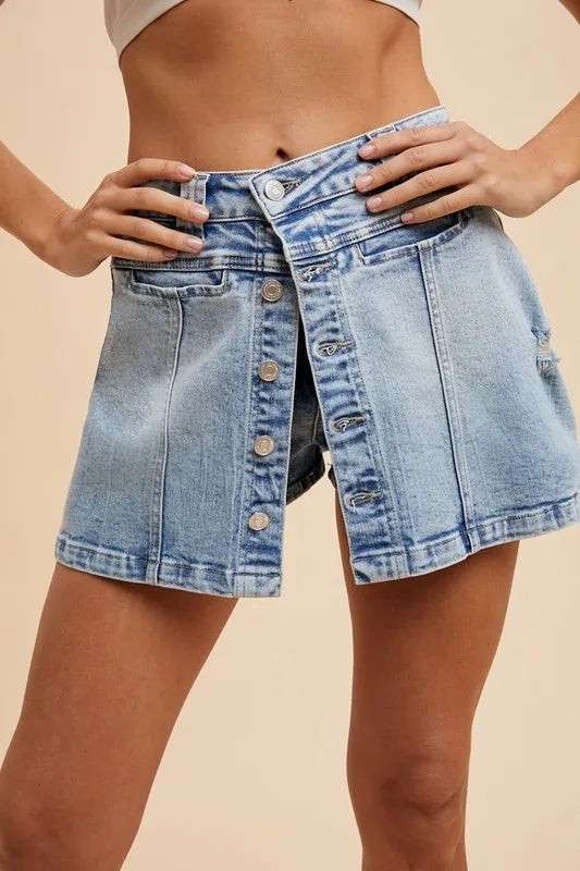 Annie Wear Button Detail Stretch Denim Wrap Mini Skort - cas7m