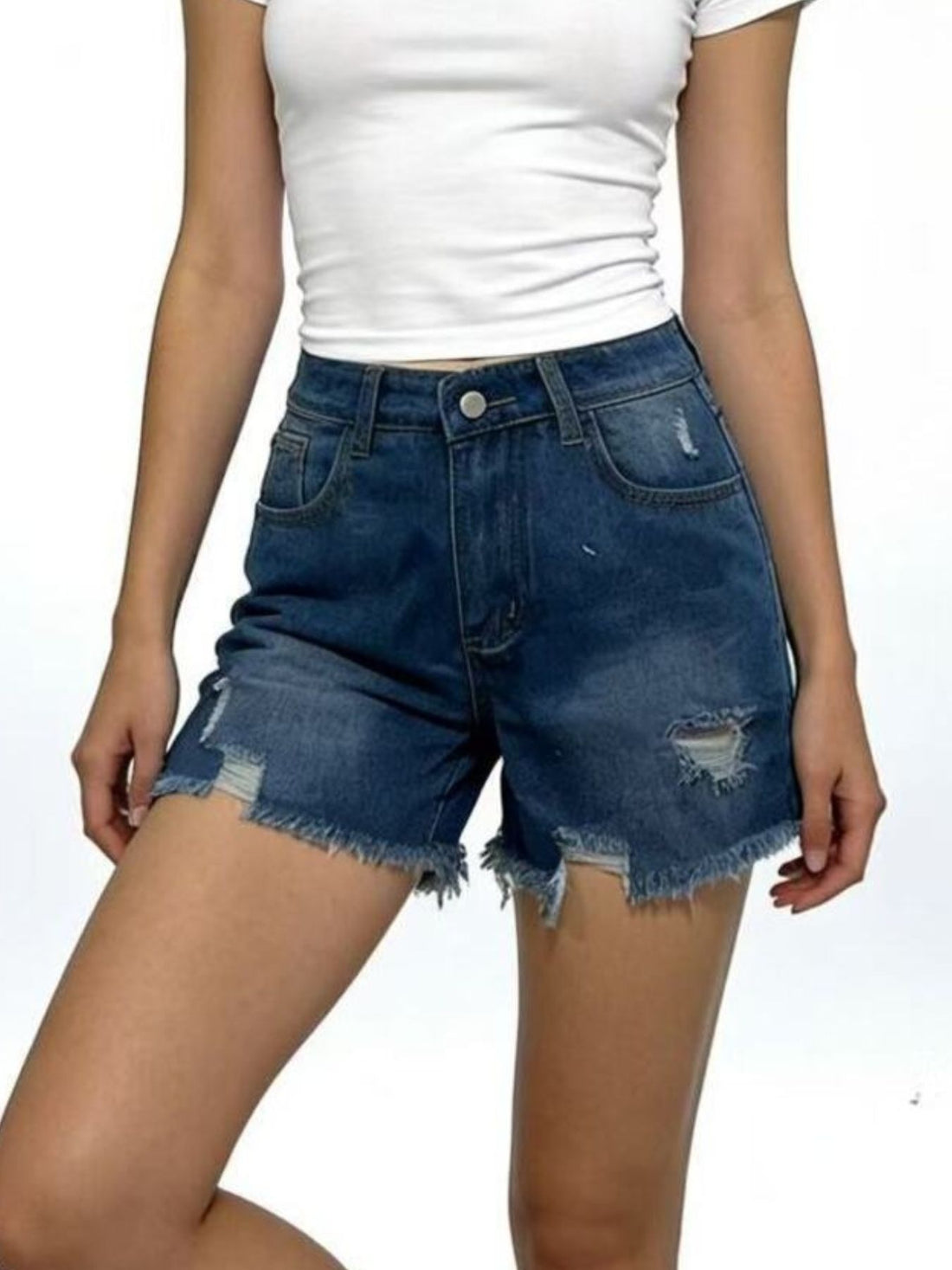 Distressed Frayed Hem Denim Shorts - cas7m