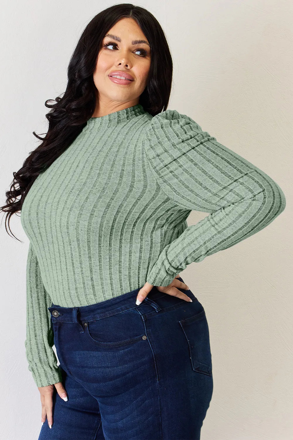 Basic Bae Full Size Ribbed Mock Neck Puff Sleeve T-Shirt - cas7m