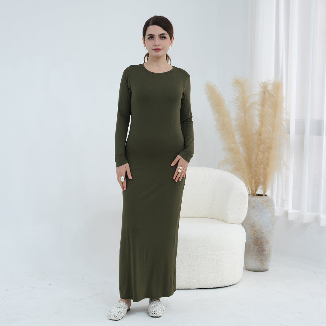 Plus-size Stretchy Long-sleeve Slip Dress - cas7m