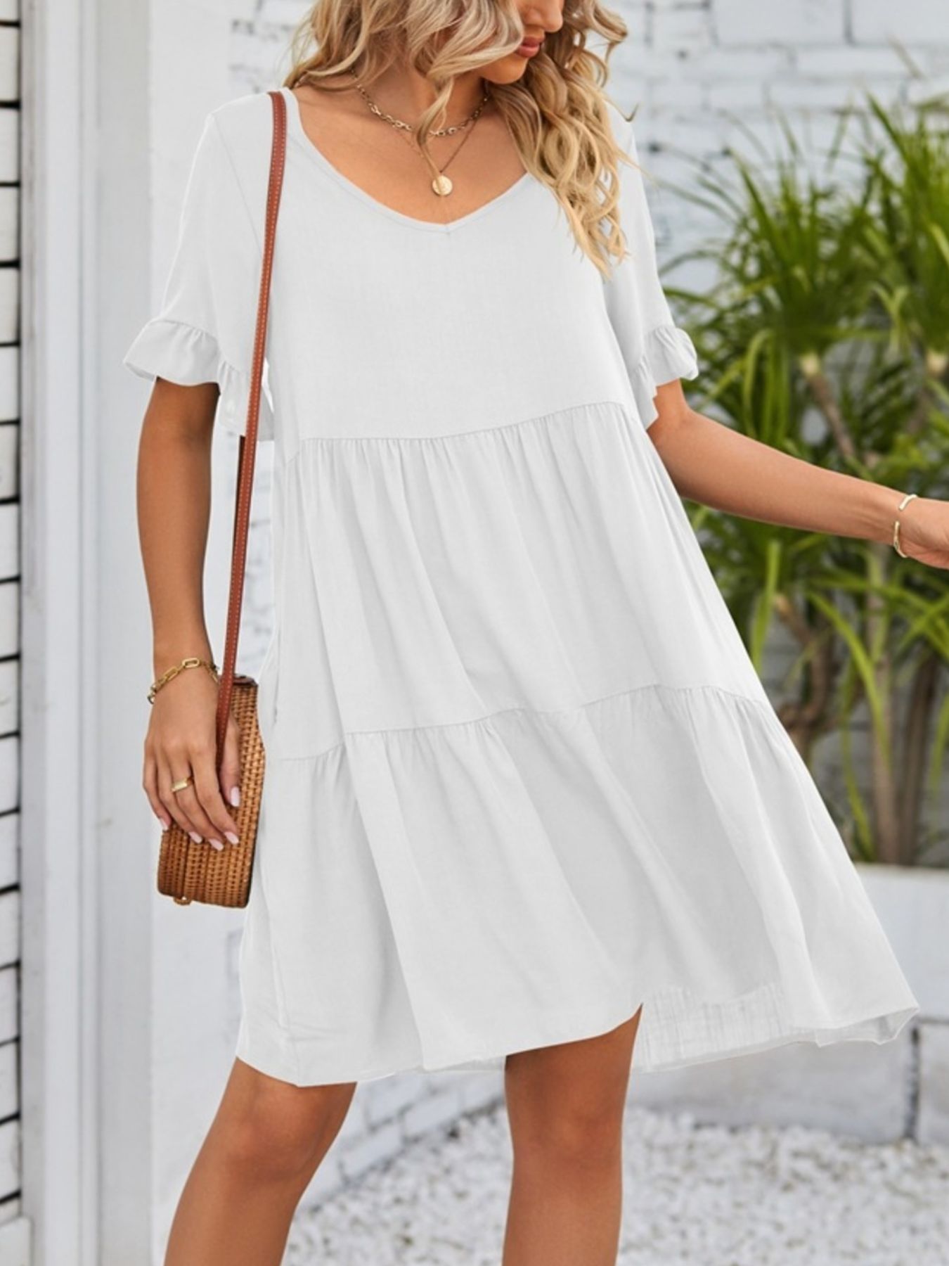 Ruffled Sleeve Tiered Mini Dress - cas7m
