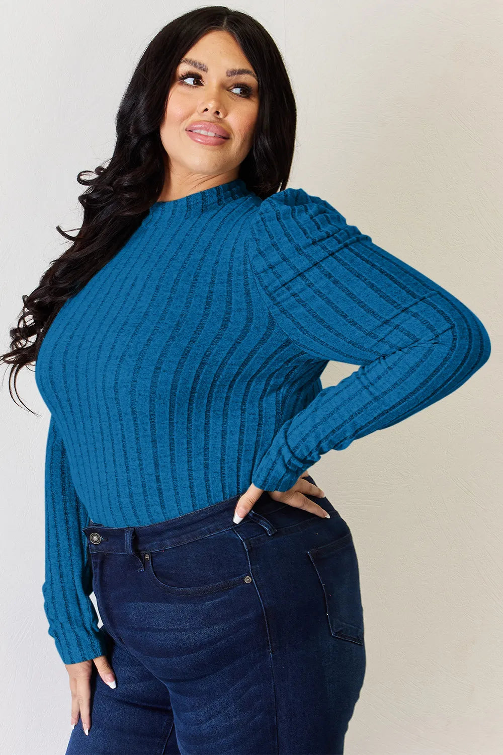 Basic Bae Full Size Ribbed Mock Neck Puff Sleeve T-Shirt - cas7m