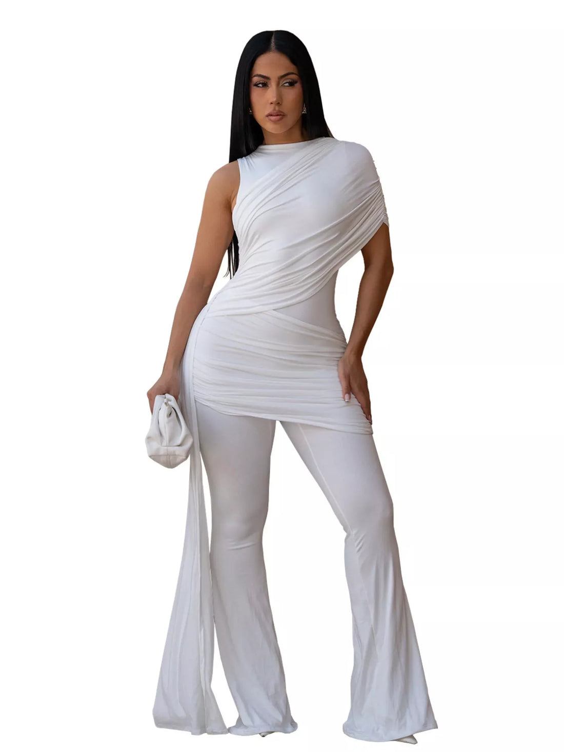 Ruched One-Shoulder Flare Leg Jumpsuit - cas7m