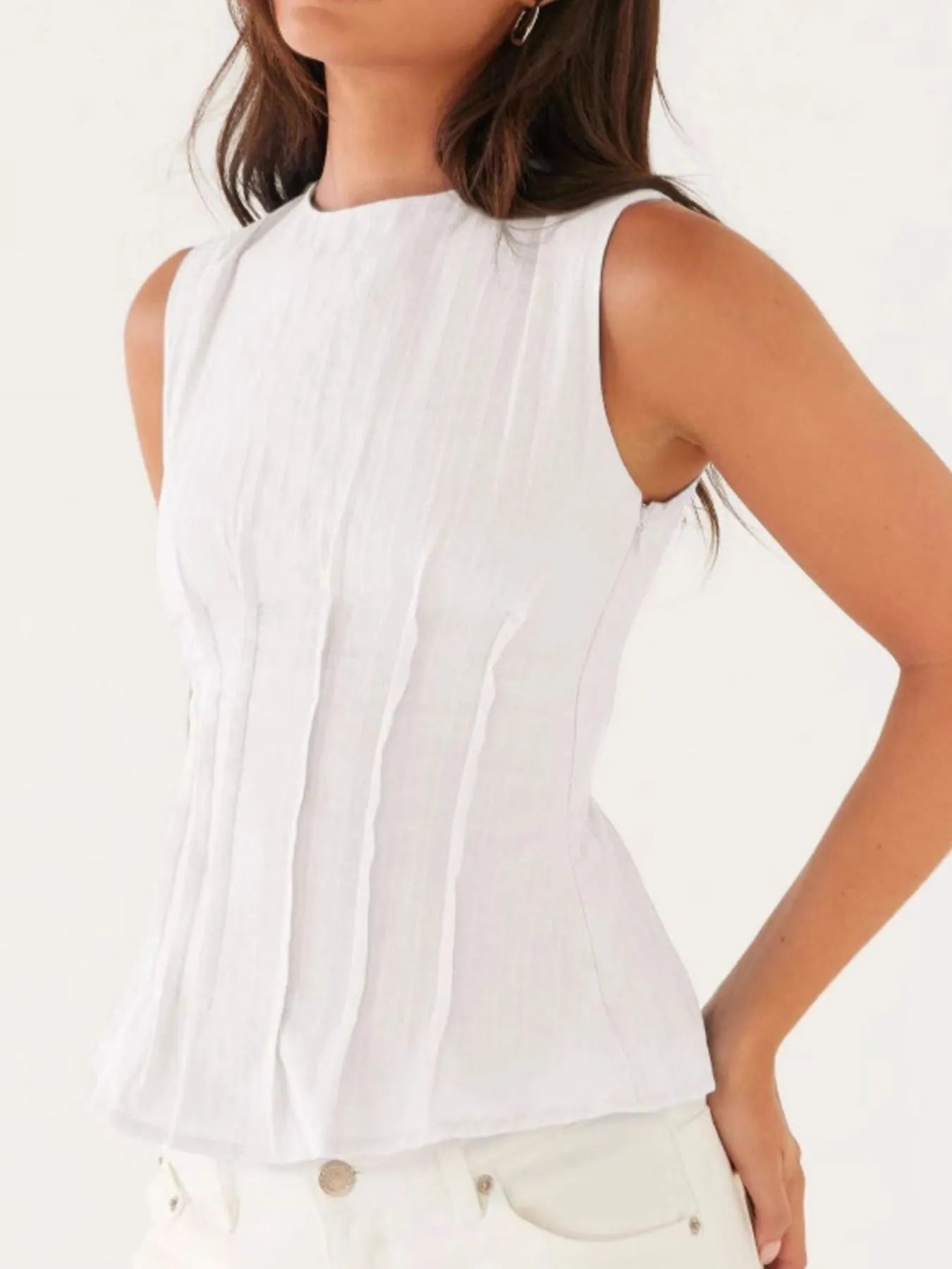 Back Lace Up Sleeveless Top with Cinched Waist Design - cas7m
