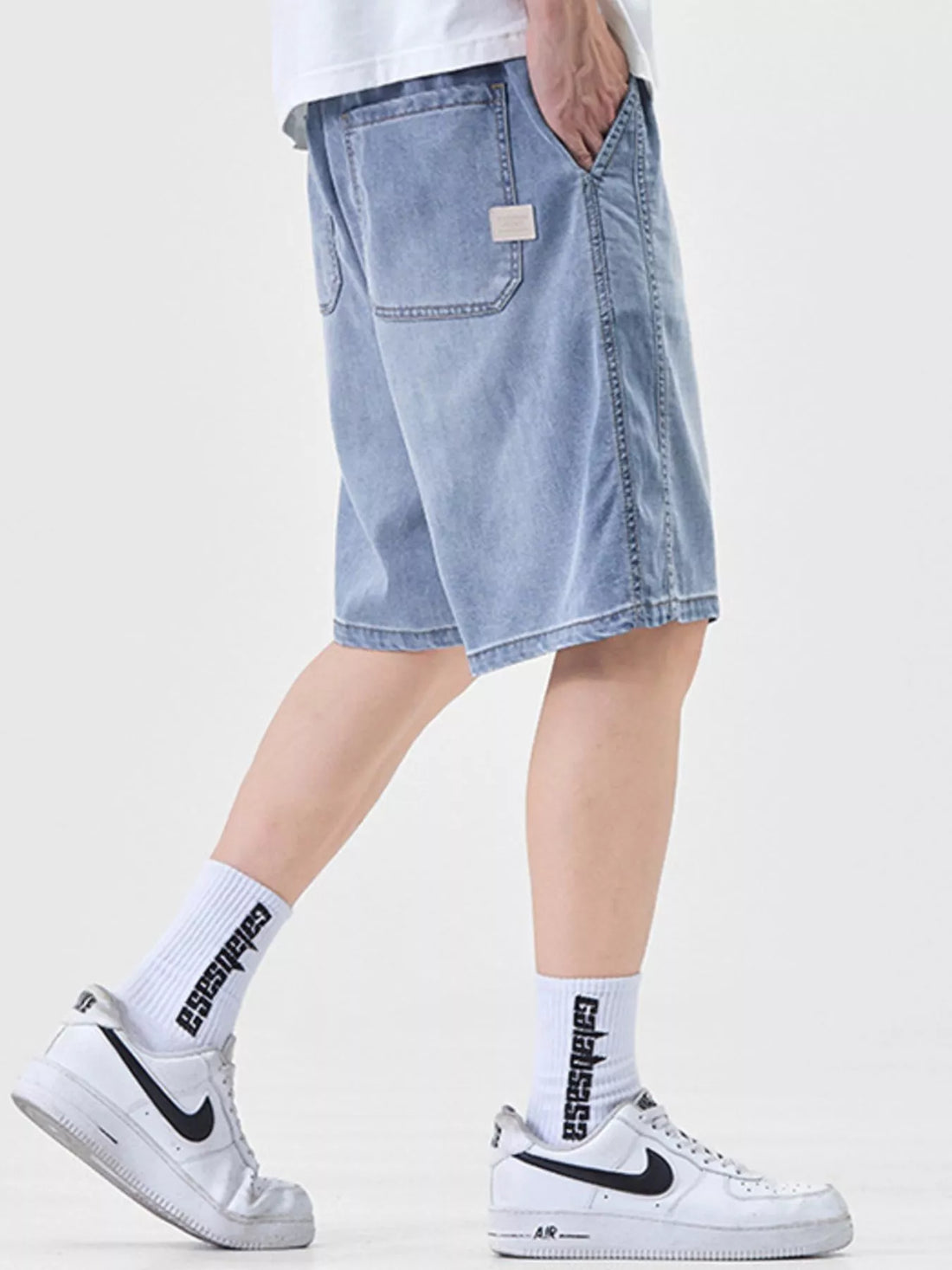 Men's Plus Size Casual Loose Fit Denim Shorts with Drawstring - cas7m