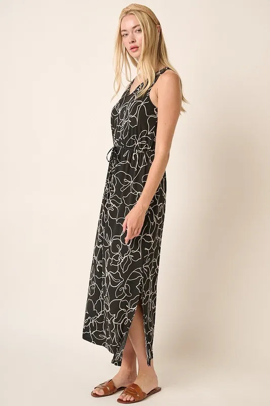 Mittoshop Side Slit Flower Print V-Neck Sleeveless Dress - cas7m