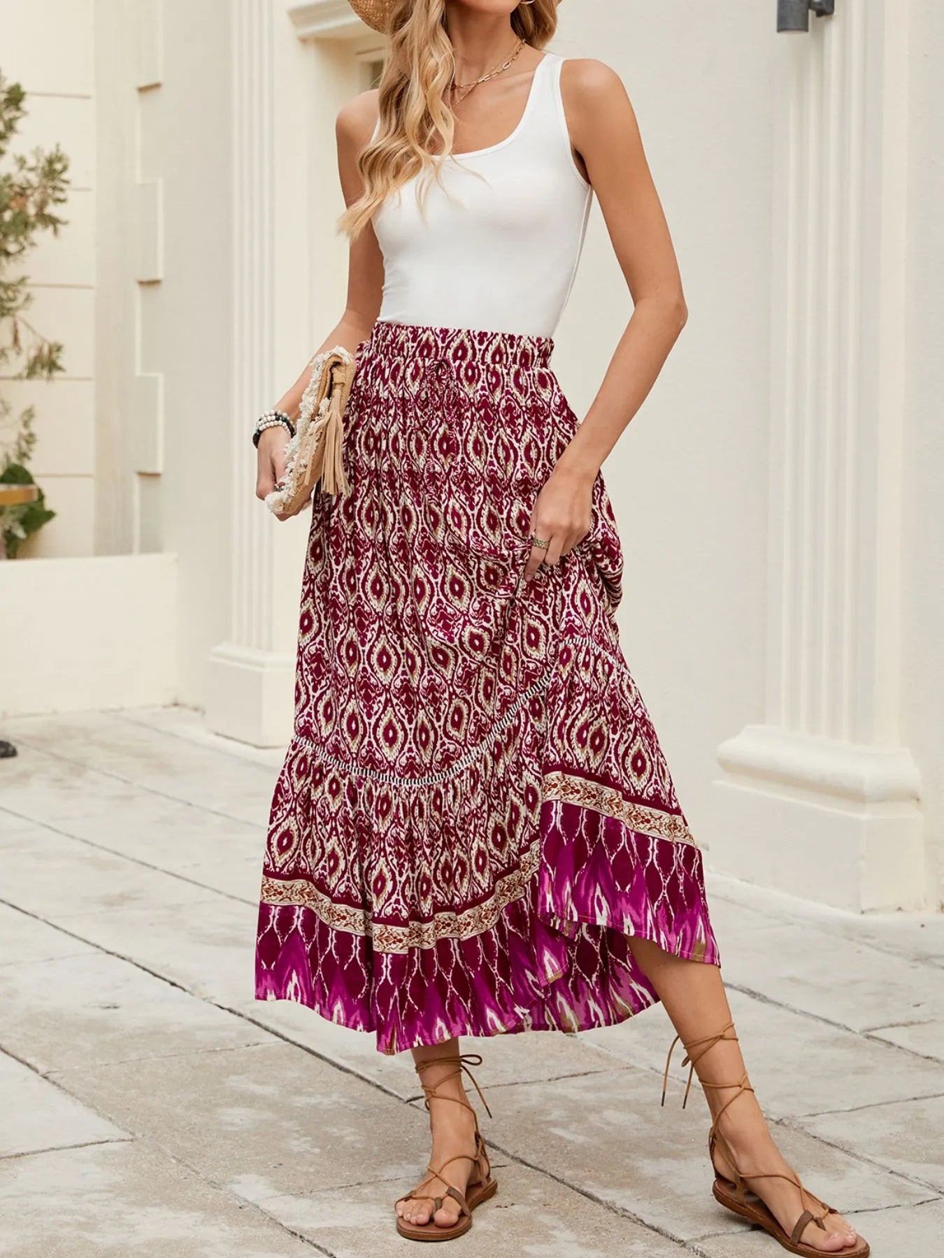 Bohemian Printed Ruched Maxi Skirt - cas7m
