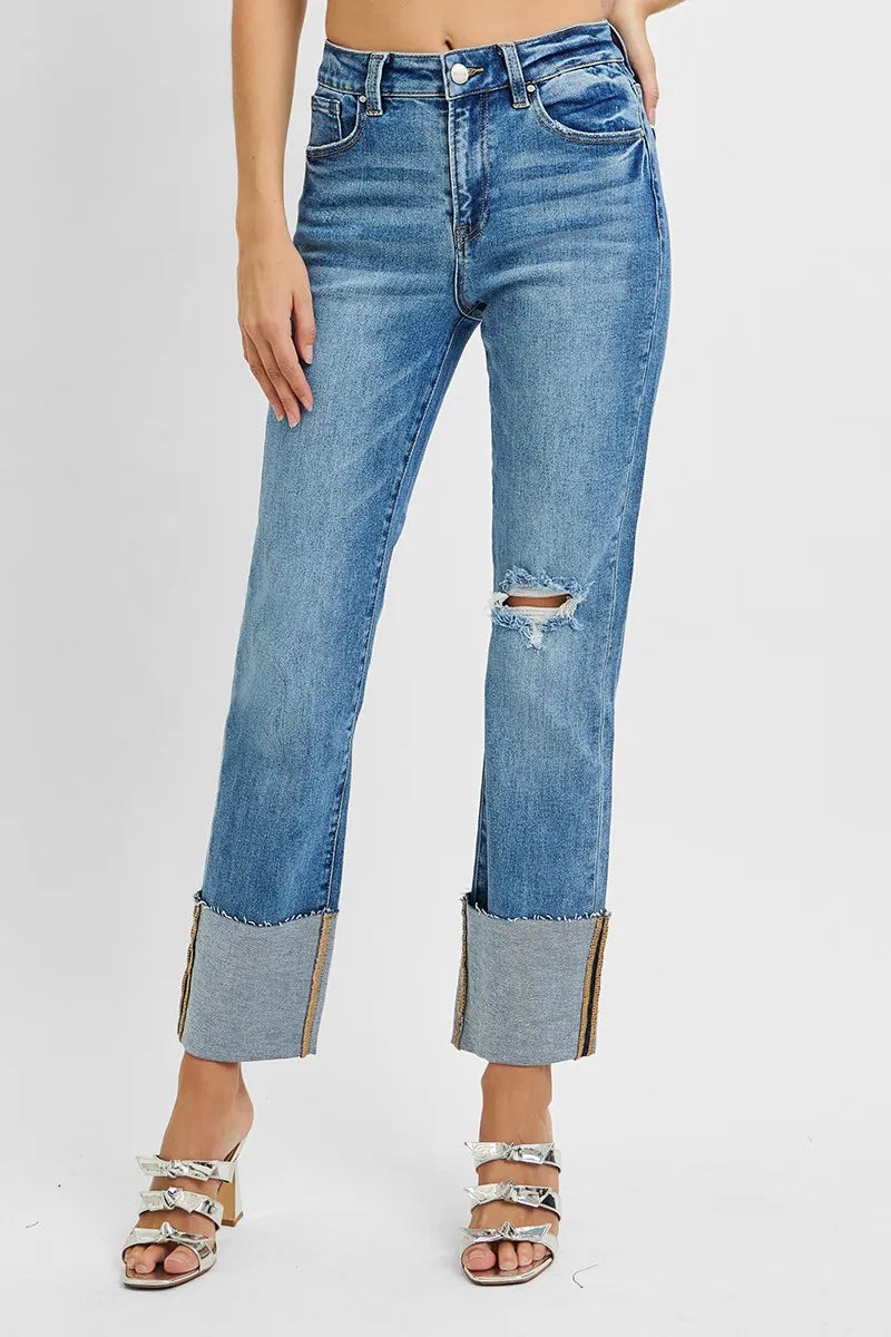 RISEN Full Size High Rise Ankle Straight Wide Cuffed Jeans Plus Size - cas7m