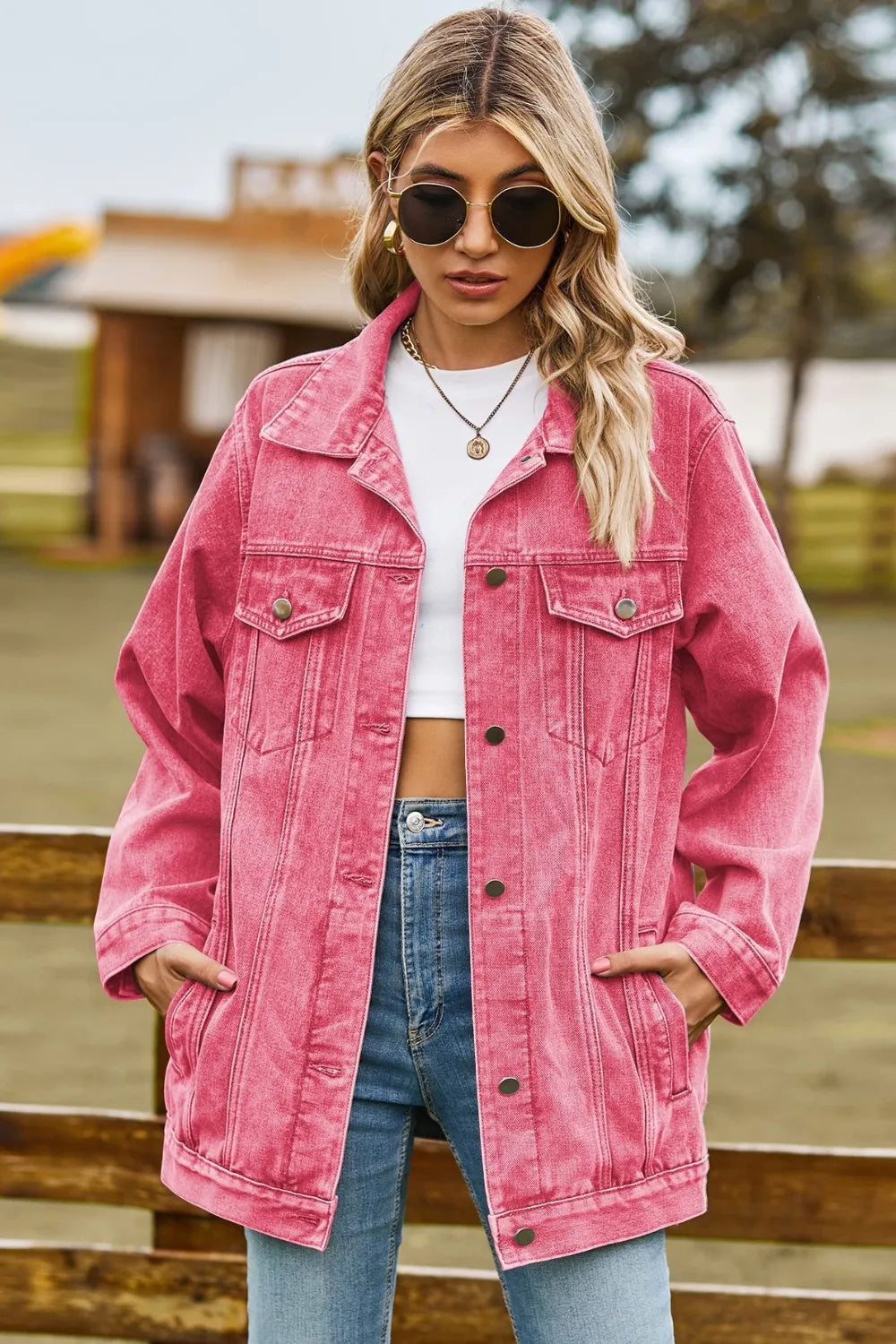 Buttoned Collared Neck Denim Jacket with Pockets - cas7m