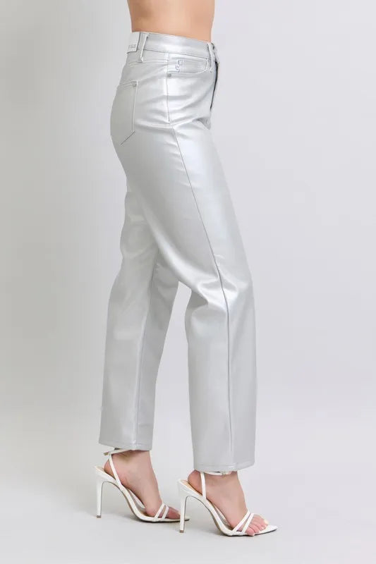 Judy Blue Full Size High Waist Silver Faux Leather Pants Plus Size - cas7m