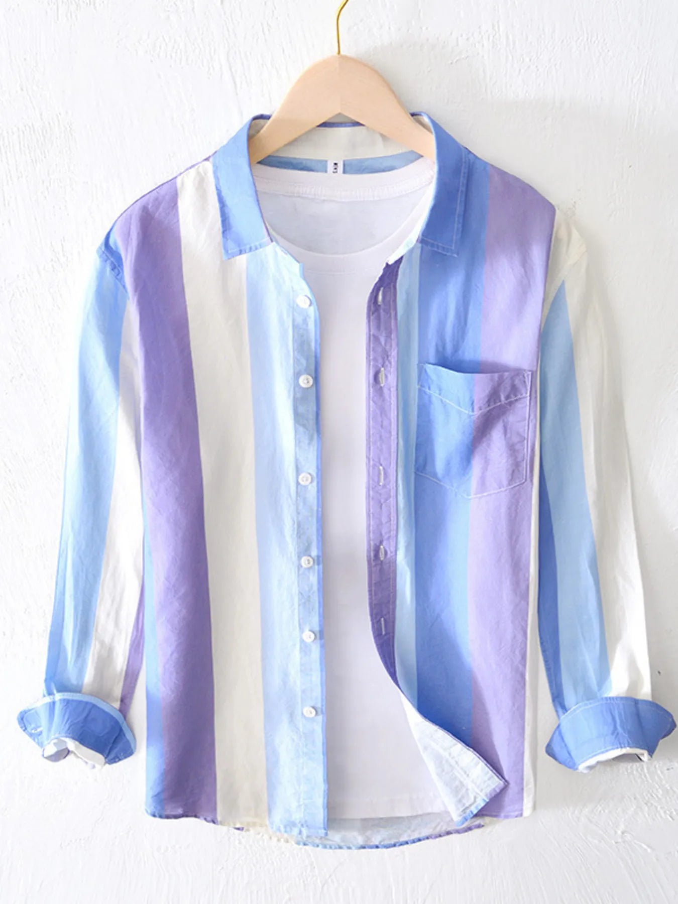 Men's Plus Size Gradient Stripe Long Sleeve Shirt - cas7m