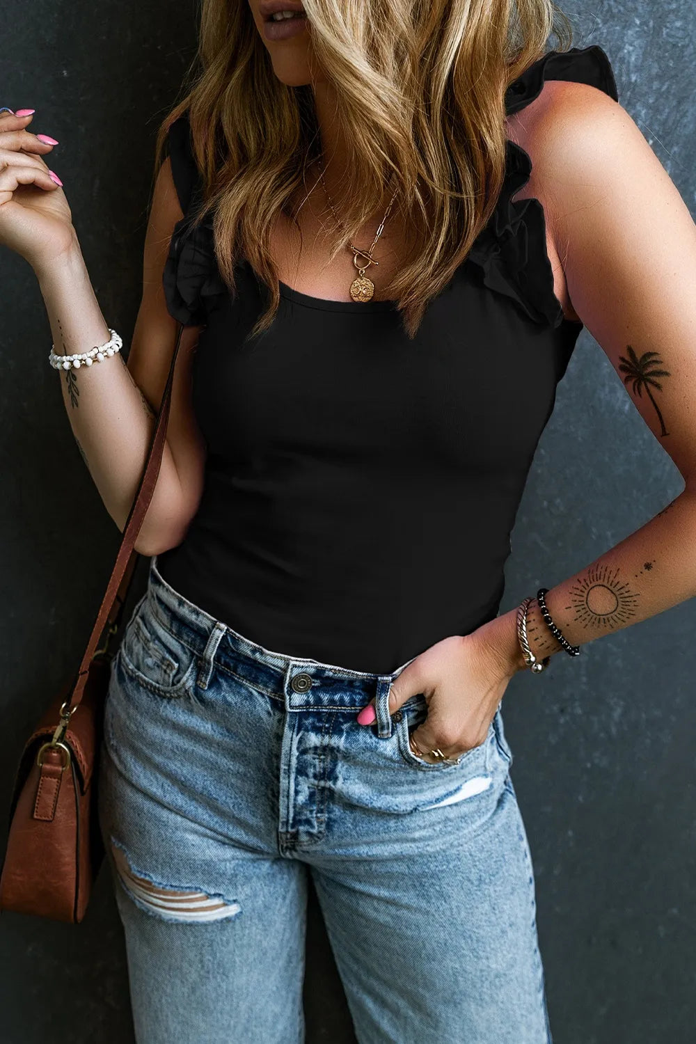 Ruffled Round Neck Tank - cas7m