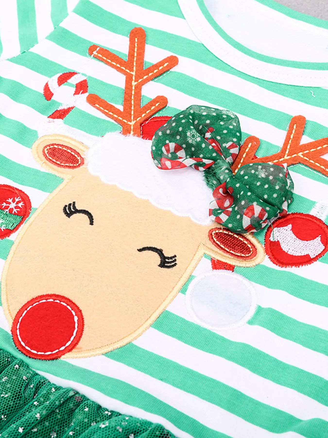 Children's Christmas Reindeer Applique Striped Long Sleeve Dress - cas7m