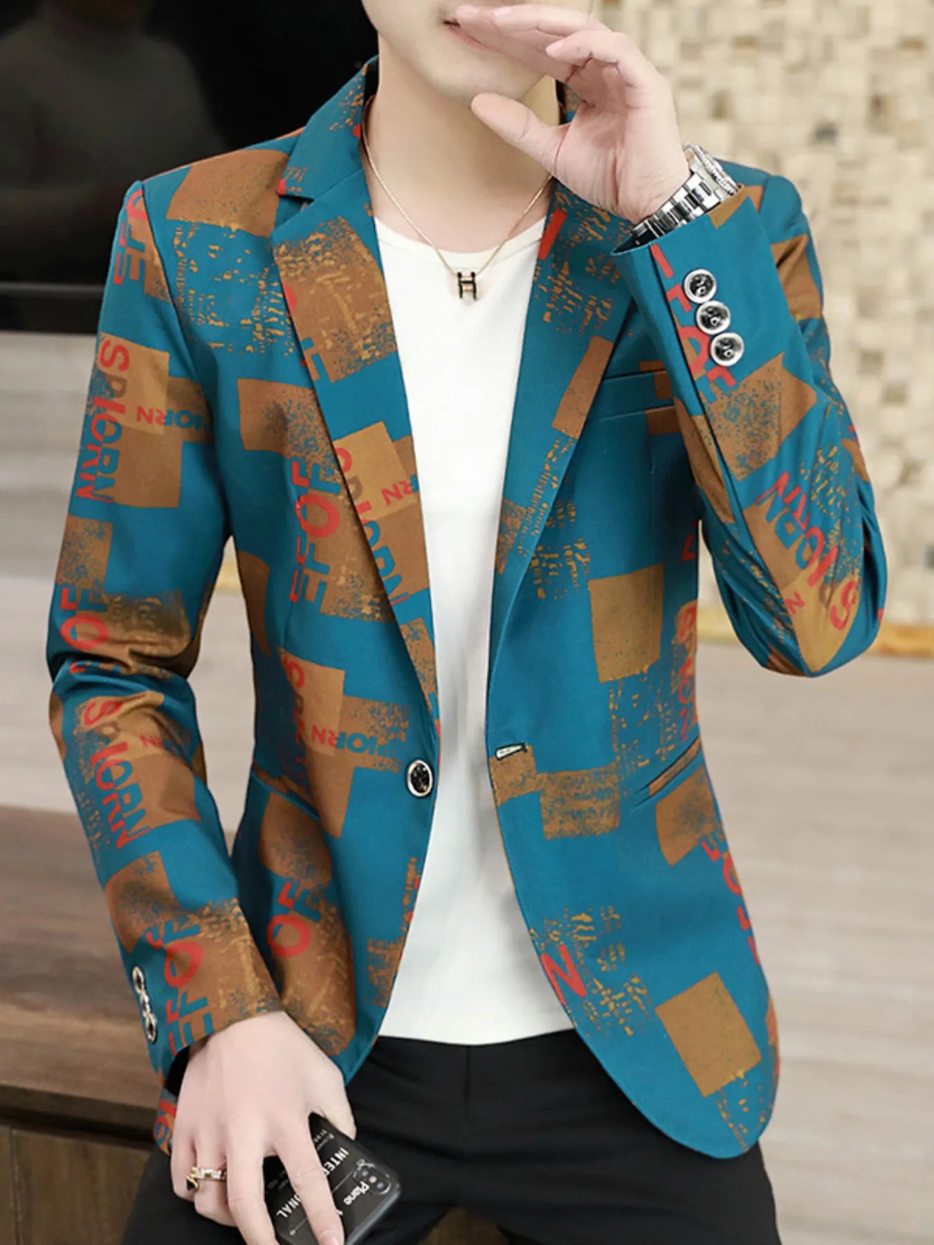 Men's Plus Size Printed One Button Slim Fit Blazer - cas7m