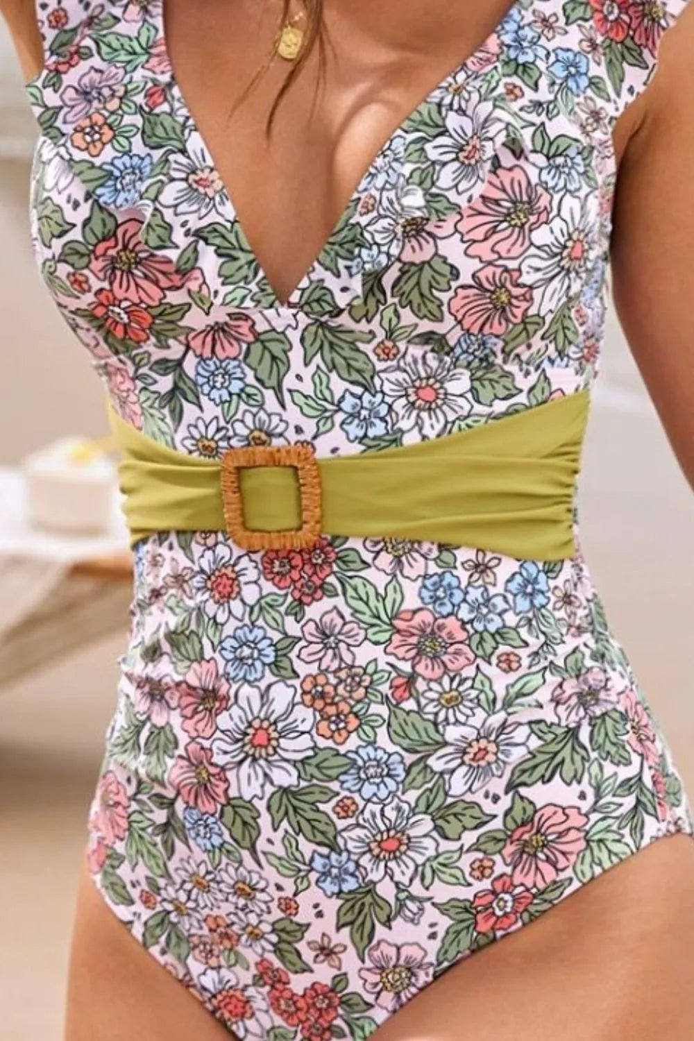 Ruffled Plunge Floral One-Piece Swimwear - cas7m