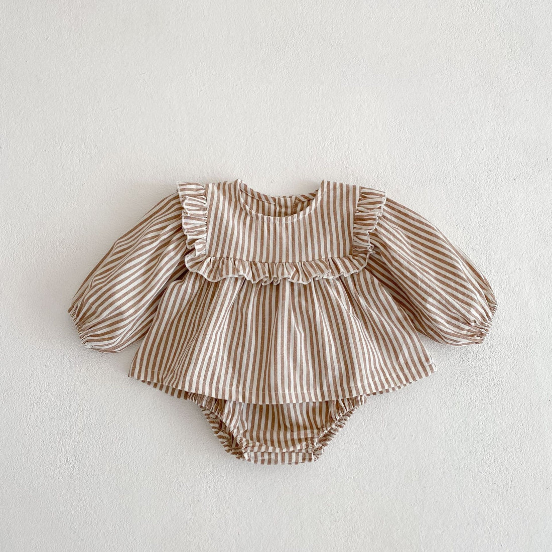 Cotton Baby Ruffle Collar Striped Long Sleeved Skirt Bread Pants Set - cas7m