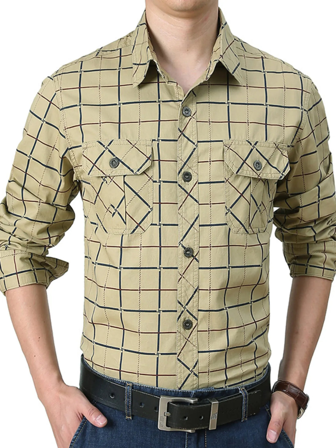 Men's Plus Size Casual Plaid Long Sleeve Shirt - cas7m