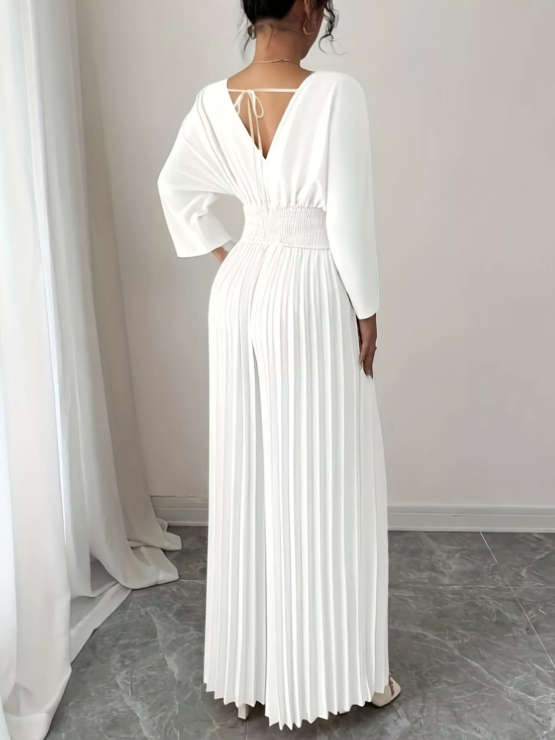Surplice Pleated Wide Leg Jumpsuit - cas7m