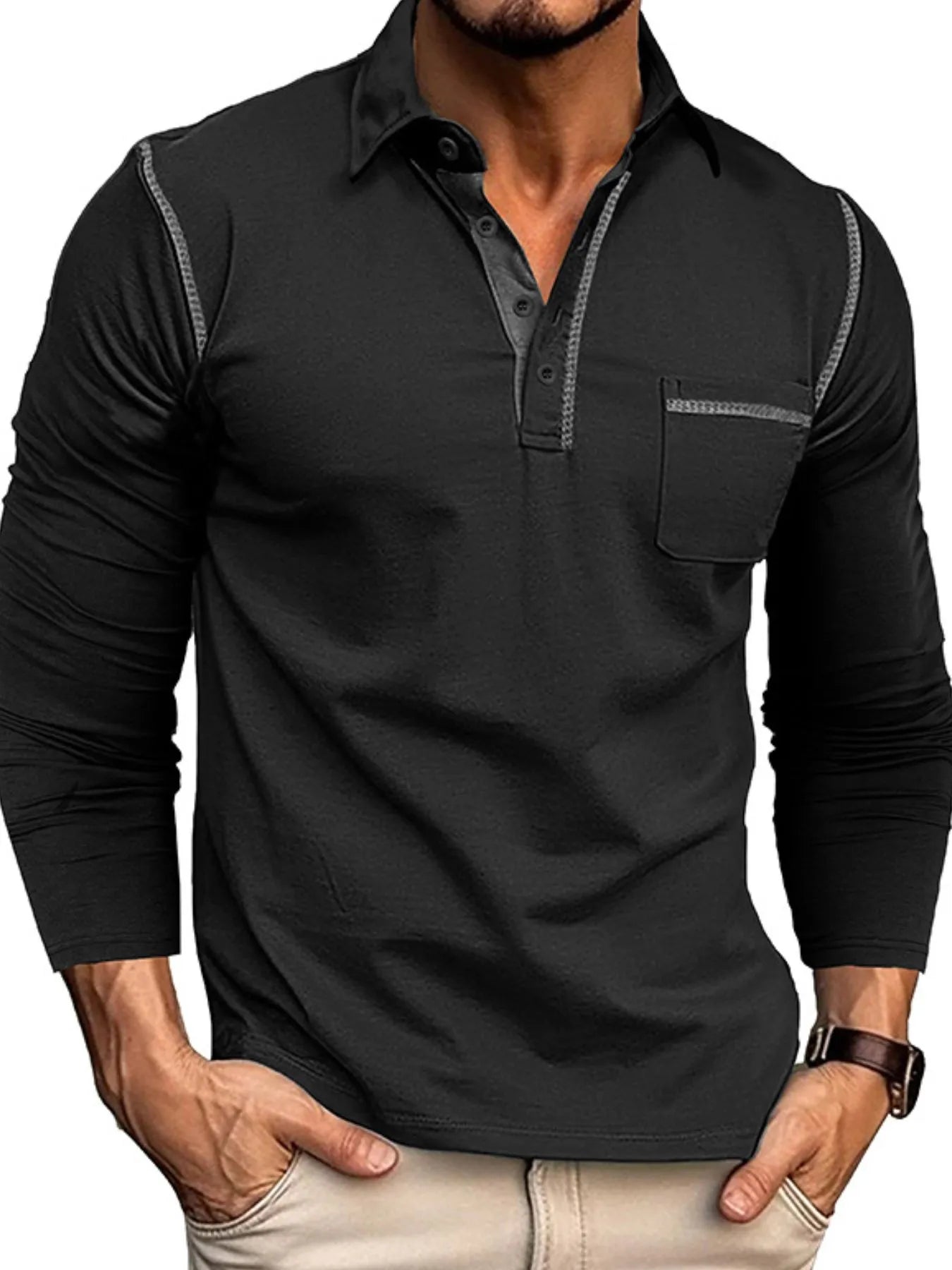 Men's Long Sleeve Polo Shirt with Contrast Stitching - cas7m