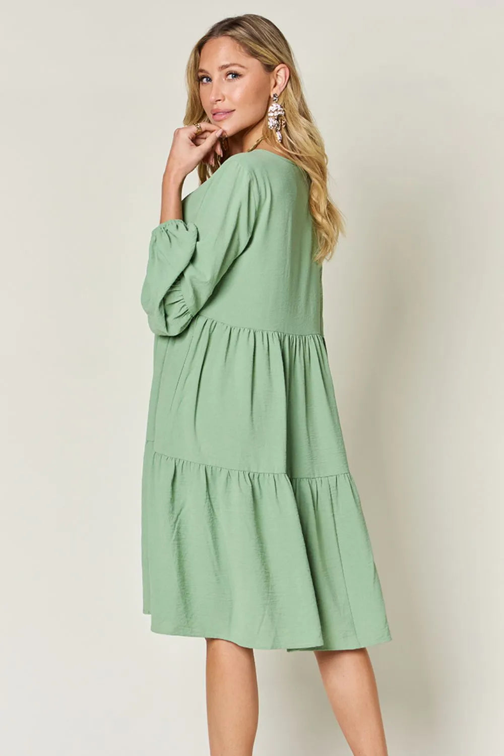 Double Take Full Size V-Neck Balloon Sleeve Tiered Dress with Pockets - cas7m