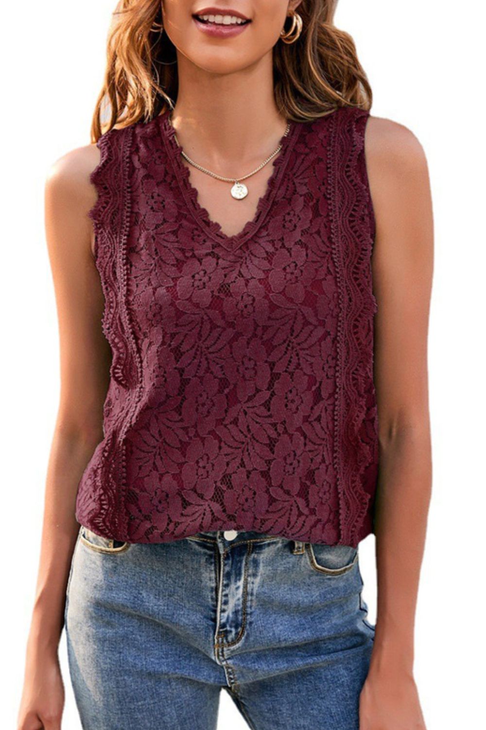 Lace V-Neck Tank - cas7m
