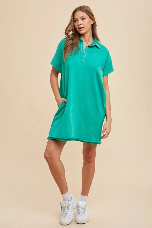 Annie Wear Mineral Washed Johnny Collar Short Sleeve Dress - cas7m