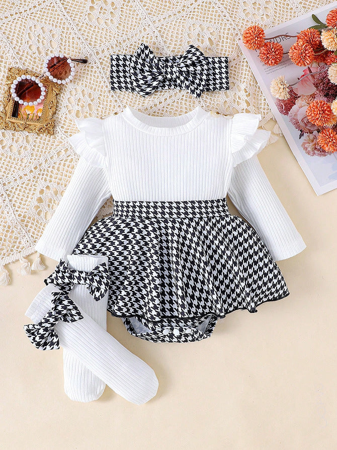 Sunken Stripe Long Sleeve Stitching Houndstooth Skirt One-piece Romper - cas7m