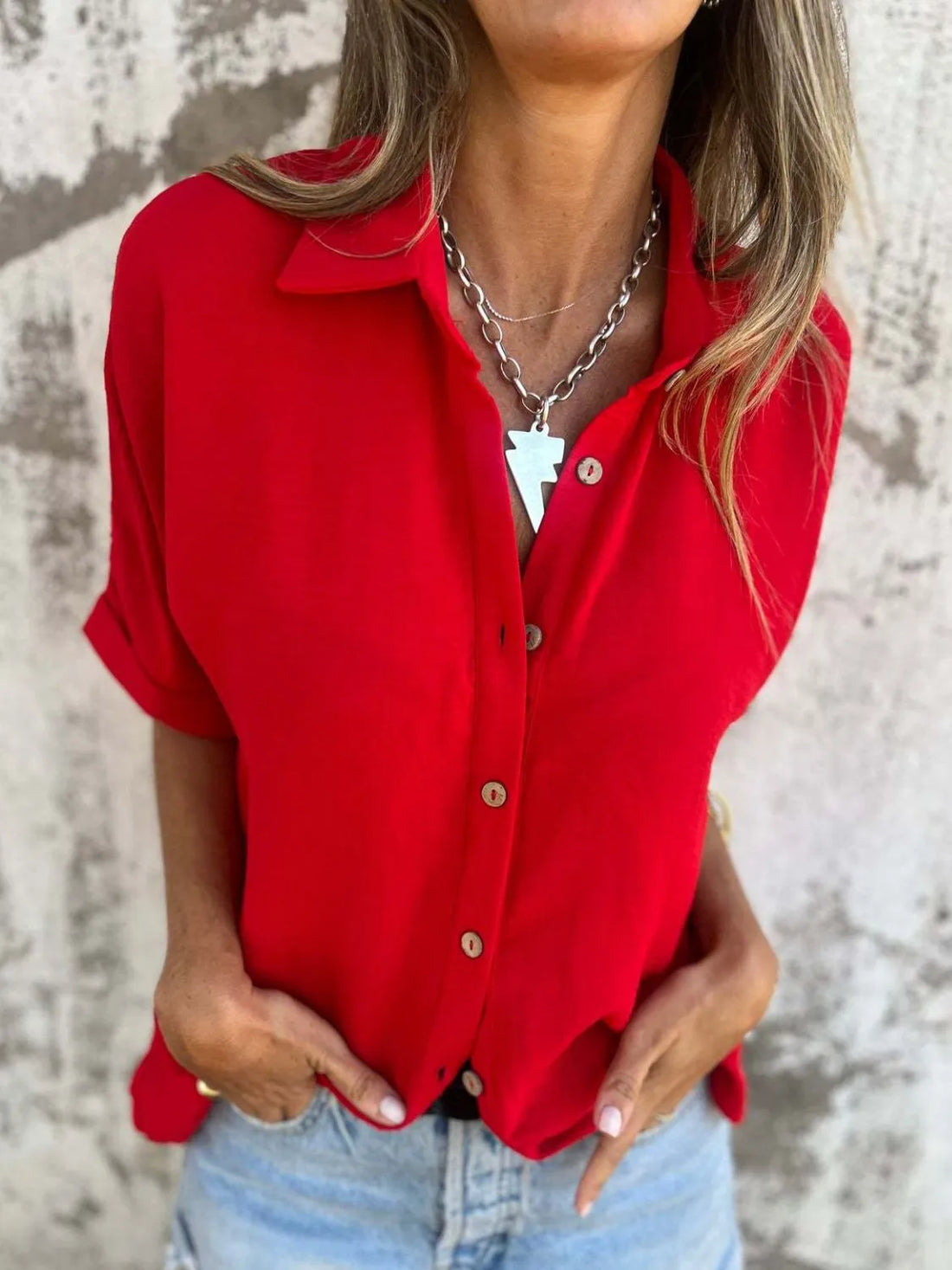 Full Size Collared Neck Half Sleeve Shirt Plus Size - cas7m