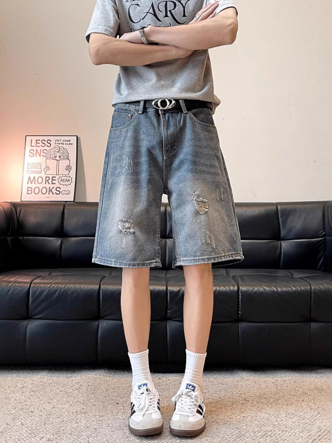 Men's Full Size Ripped Wide Leg Denim Shorts Plus Size - cas7m