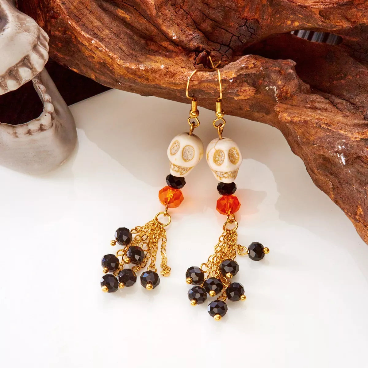 Halloween Skull Beaded Drop Earrings - cas7m