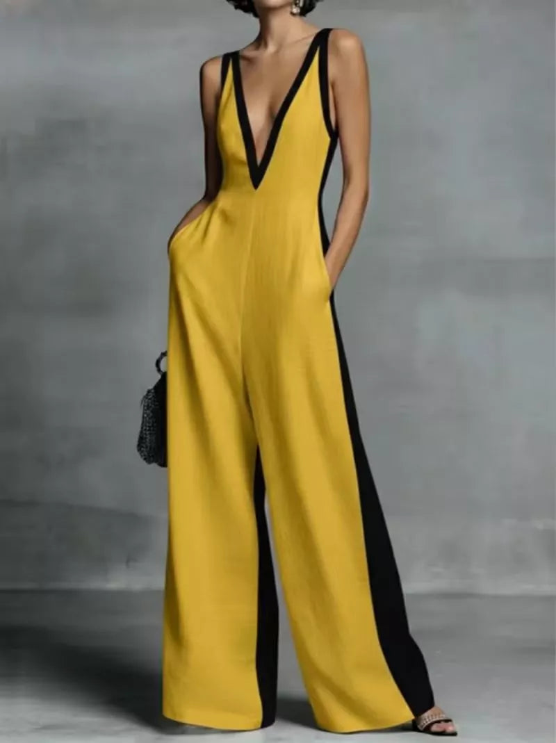 Contrast Trim V-Neck Jumpsuit - cas7m
