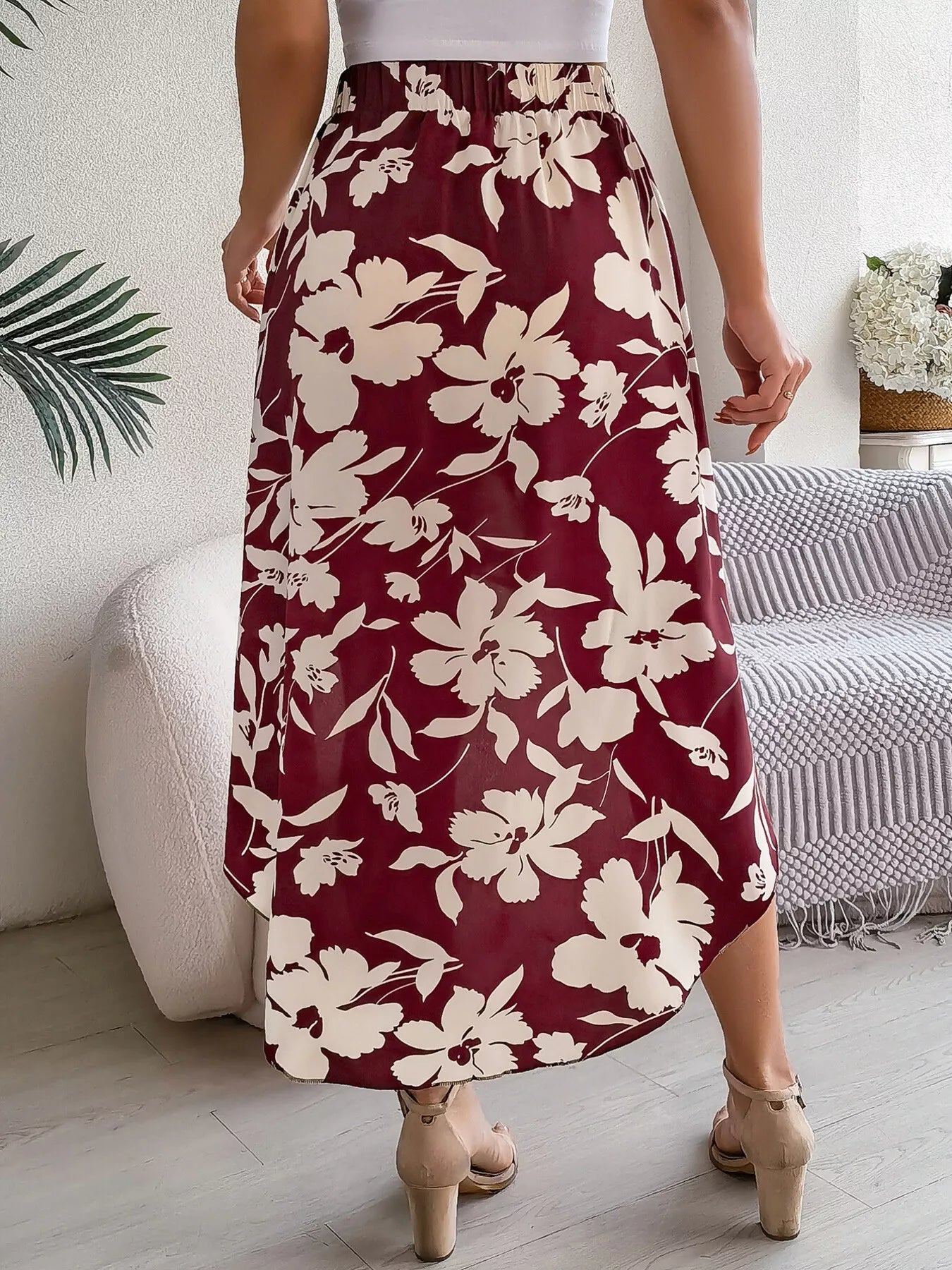 Floral Print Ruffle Hem Asymmetrical Skirt - cas7m