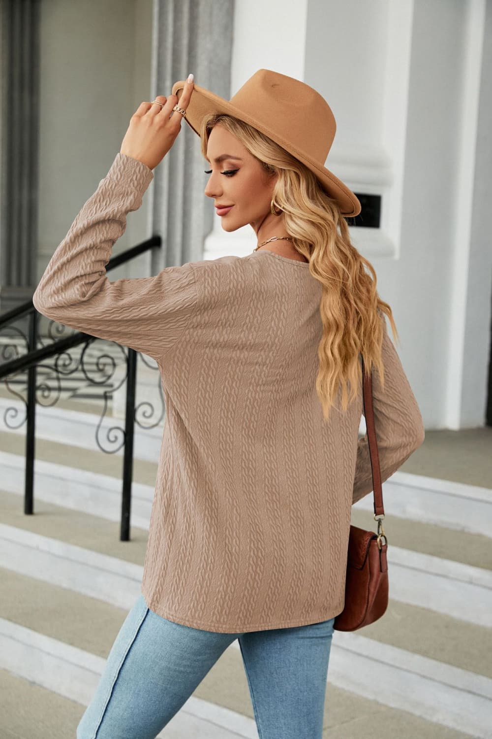 Decorative Button V-Neck Long Sleeve T-Shirt - cas7m
